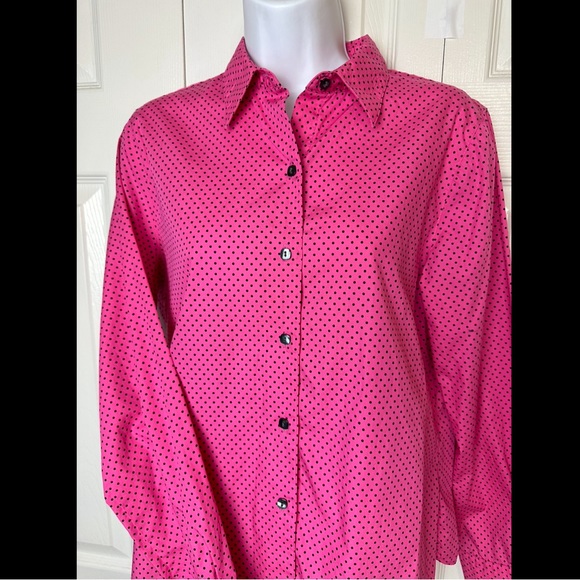 FOXCROFT Wrinkle Free Fitted Pink Black Polka Dot Button Down Blouse Top Shirt - Picture 4 of 9